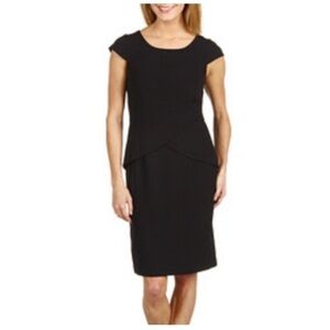 CALVIN KLEIN Simple Cap Sleeve Peplum Skirt Jewel Neck Black Midi Dress Stretch